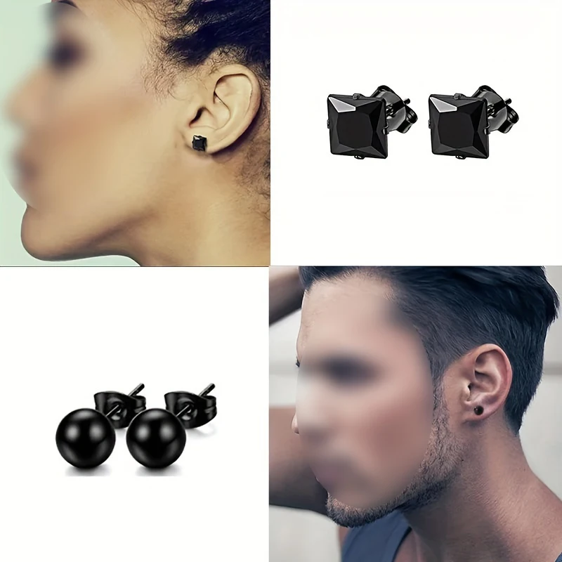 1/4 Pairs Stainless Steel Multiple Black Simple Ear Studs for Men Women Punk Gothic Style CZ Round Ball Earring Fashion Jewelry