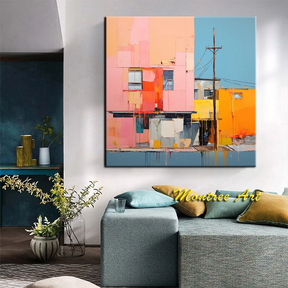 Hand Painted Oil Painting Pink Abstract Building Painting Blue Abstract Wall Art Abstract Street Landscape Painting Modern Art