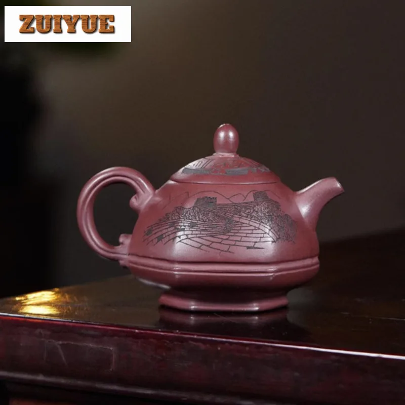 300ml Classic Yixing Purple Clay Teapots Handmade Hexagonal Pot Raw Ore Stone Red Mud Kettle With Infuser Chinese Zisha Tea Set