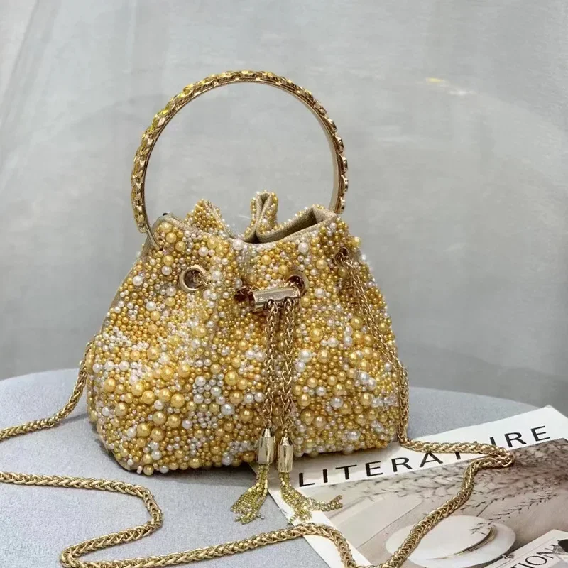 

Luxury Designer Shiny Rhinestone Pearl Evening Bag Fashion Trend Women's Wedding Party Clutch Bucket Bag Chain Shoulder Bag