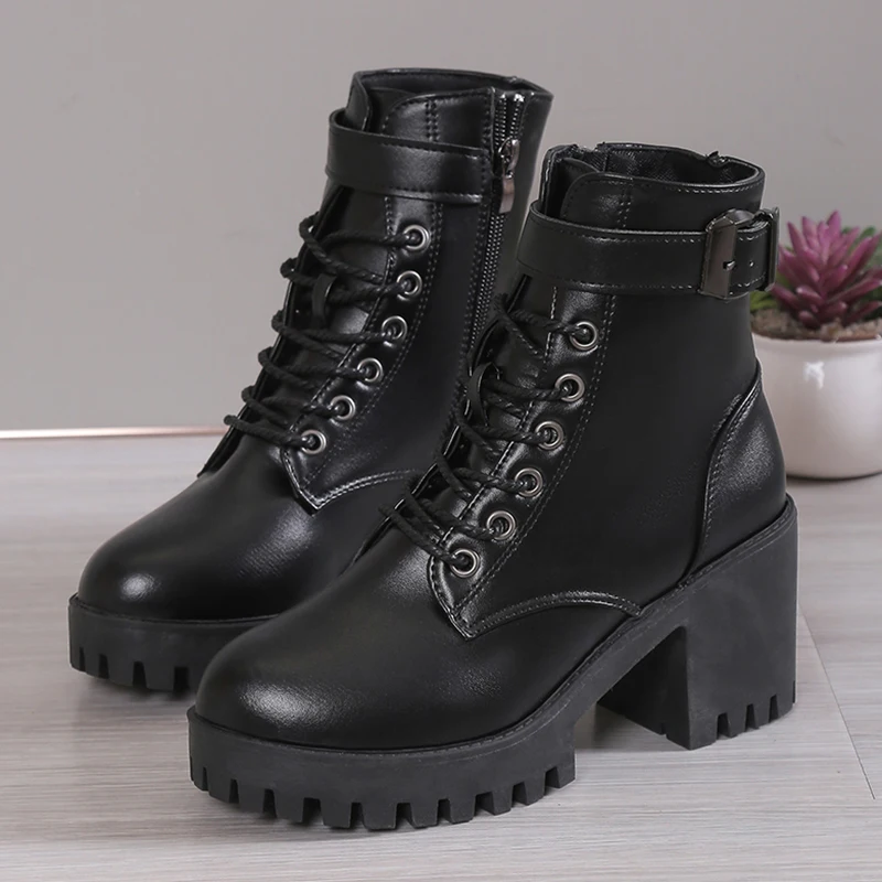 Women\'s High Heels Ankle Boots for 2023 Black PU Leather Platform Short Boots Woman Side Zipper Thick Heeled Punk Botas De Mujer