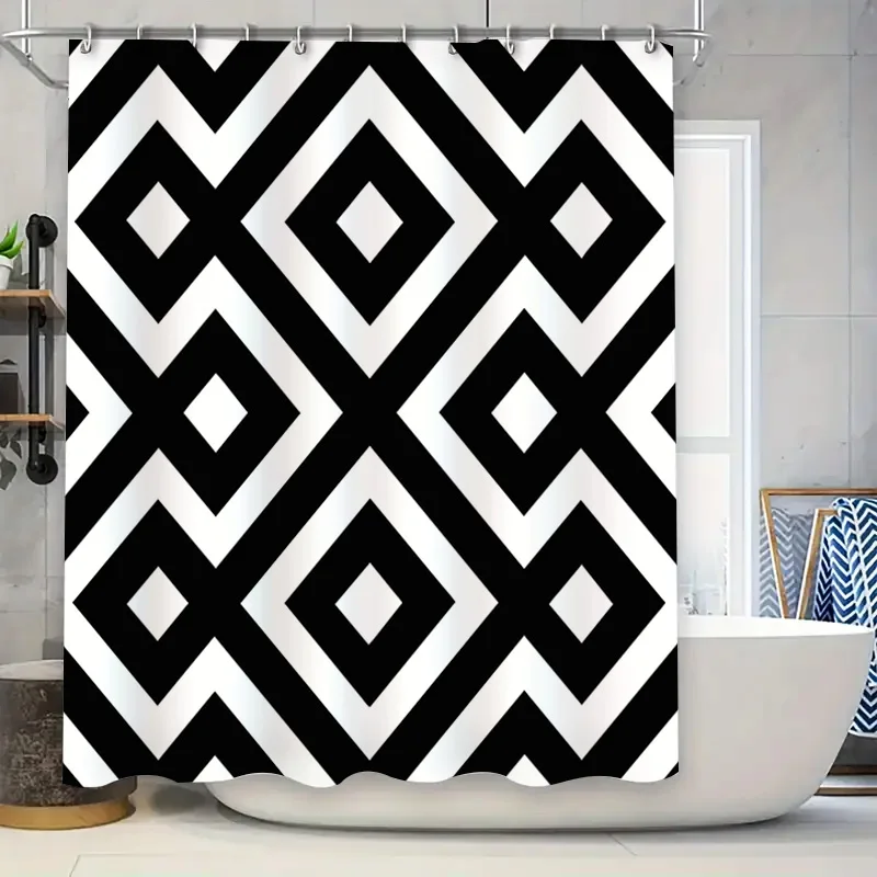 

Modern Black White Geometric Shower Curtain for Bathroom Decor Water-resistant Fabric Available in Custom Sizes!