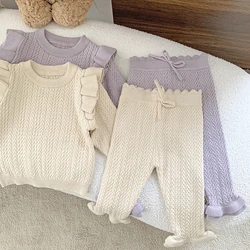 2024 New Autumn Children Clothes Set Long Sleeved Solid Color Knitted Pullover+Pants Toddler Baby Girl Knitted Clothes Suit