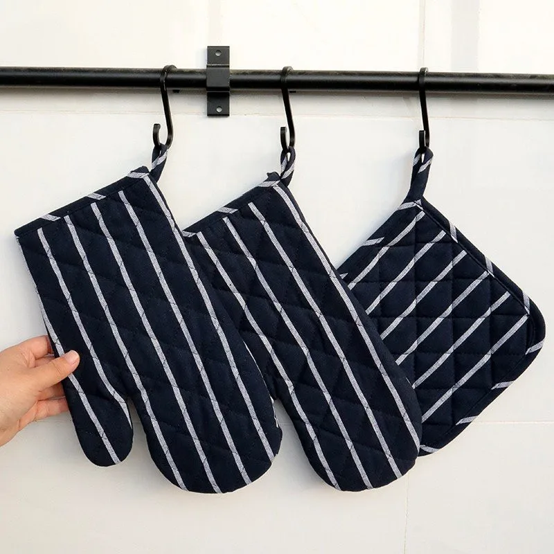 

1Pc Dark Blue Striped Cotton Microwave Oven Glove Insulation Pad Mat Sleeve Set Heat Resistant Mitt Baking Cooking Tool