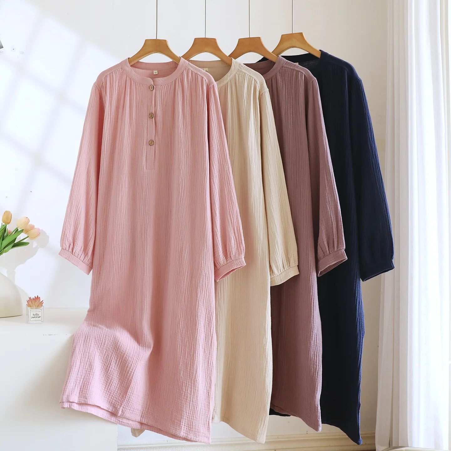 

Up Button Round Neck Solid Color Cotton Nightgown for Women Long Sleeved Spring and Autumn Thin Cute Plus Size Pajamas Dress