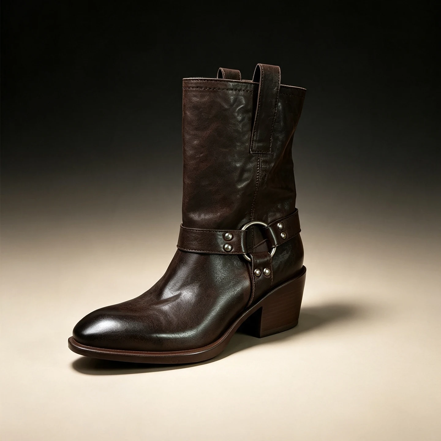 Women's Vintage Western Cowboy Mid Calf Boots Metal Harness Ring Buckle ...