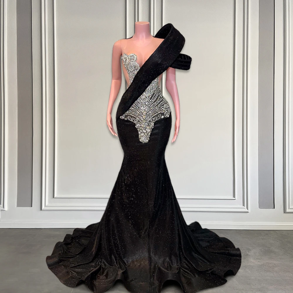 

Luxury Black Mermaid Fitted Prom Dresses 2025 with Shoulder Structure Silver Crystals Sparkly Black Girls Prom Gown Customized