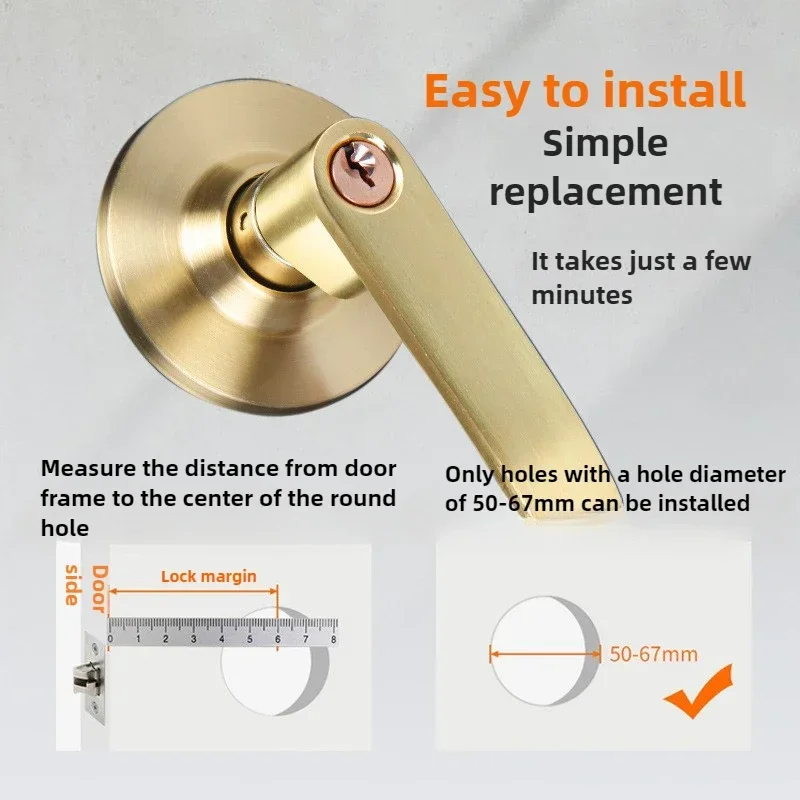 

Indoor Bedroom Bathroom Door Pure Copper Lock Cylinder 60mm - 70mm Lock Tongue Silver Gold Ball Handle Lock