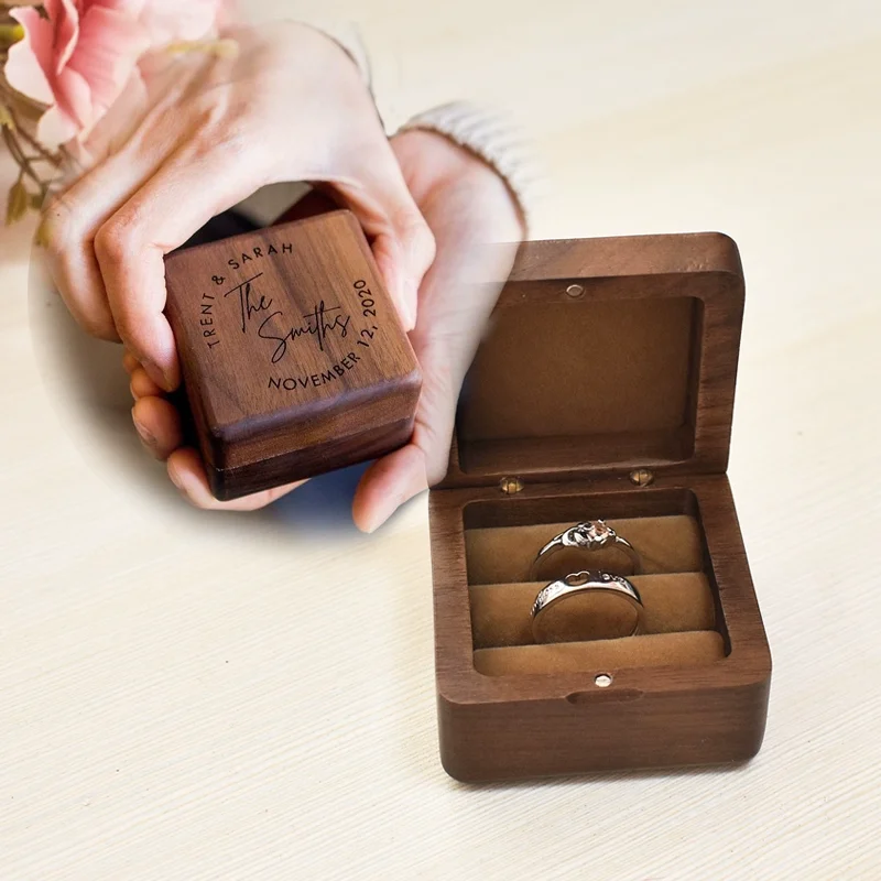 1PCS Free Personalization Custom Square Wood Grain Wedding Rings Holder Vintage Wooden Ring Box Jewelry Rings Organizer Gift Box