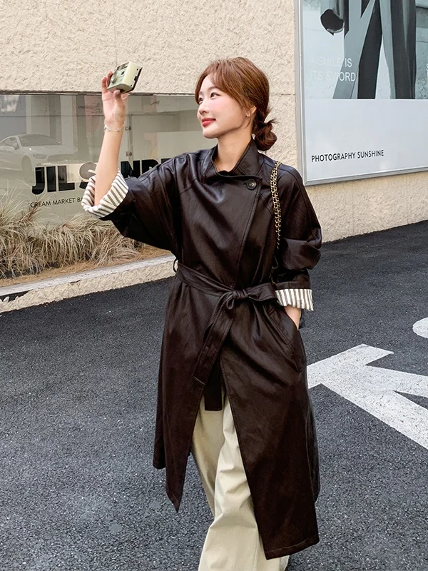 Women's PU Leather Jaet Coat Medium Length Spring Autumn 2025 New ular High-End Feel Commute Sle Long Sve Coat