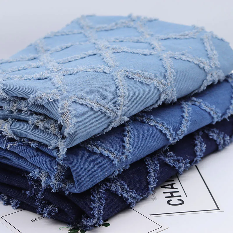 Cool Wide 140cm Blue Denim Fabric Cotton  Rhombus Crochet Washed Denim Fabric Sewing Material Diy Clothing Dress