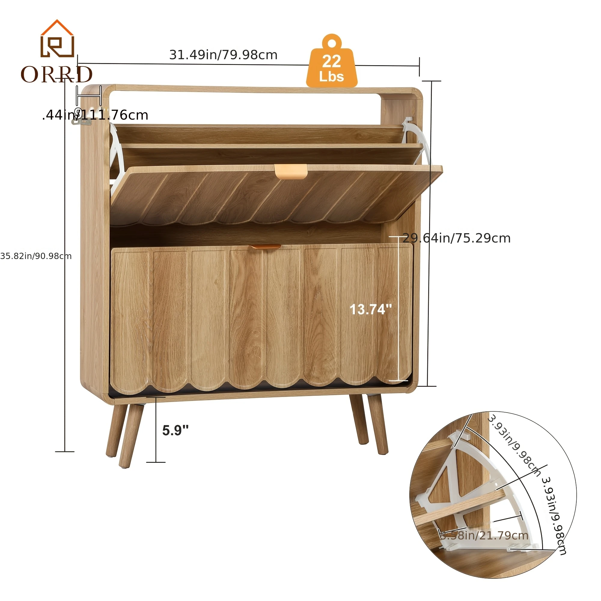 Entryway Shoe Storage Unit Featuring 2 Flip Drawers, Standalone Slim Wooden Shoe Cabinet with Wave Design, Concealed Shoe