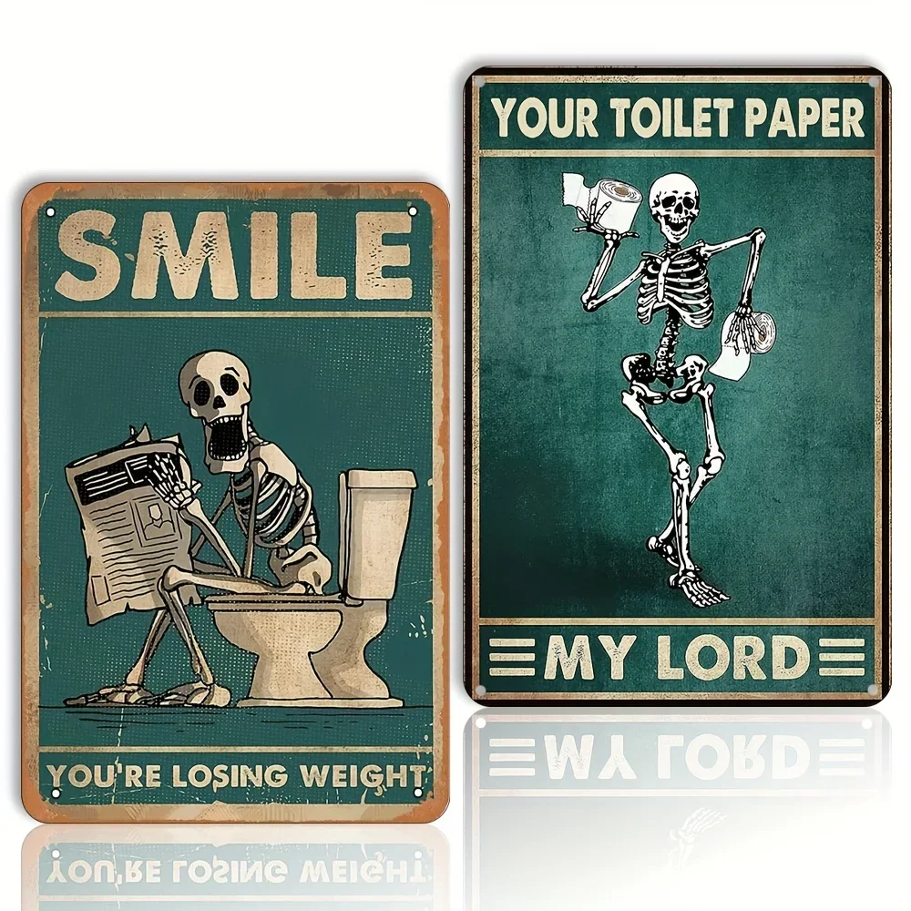 Funny Toilet Bathroom Decor, Skeleton Skull Reading Newspapers Sign, Retro Metal Tin Sign, Vintage Bar Wall Decor Metal Poster