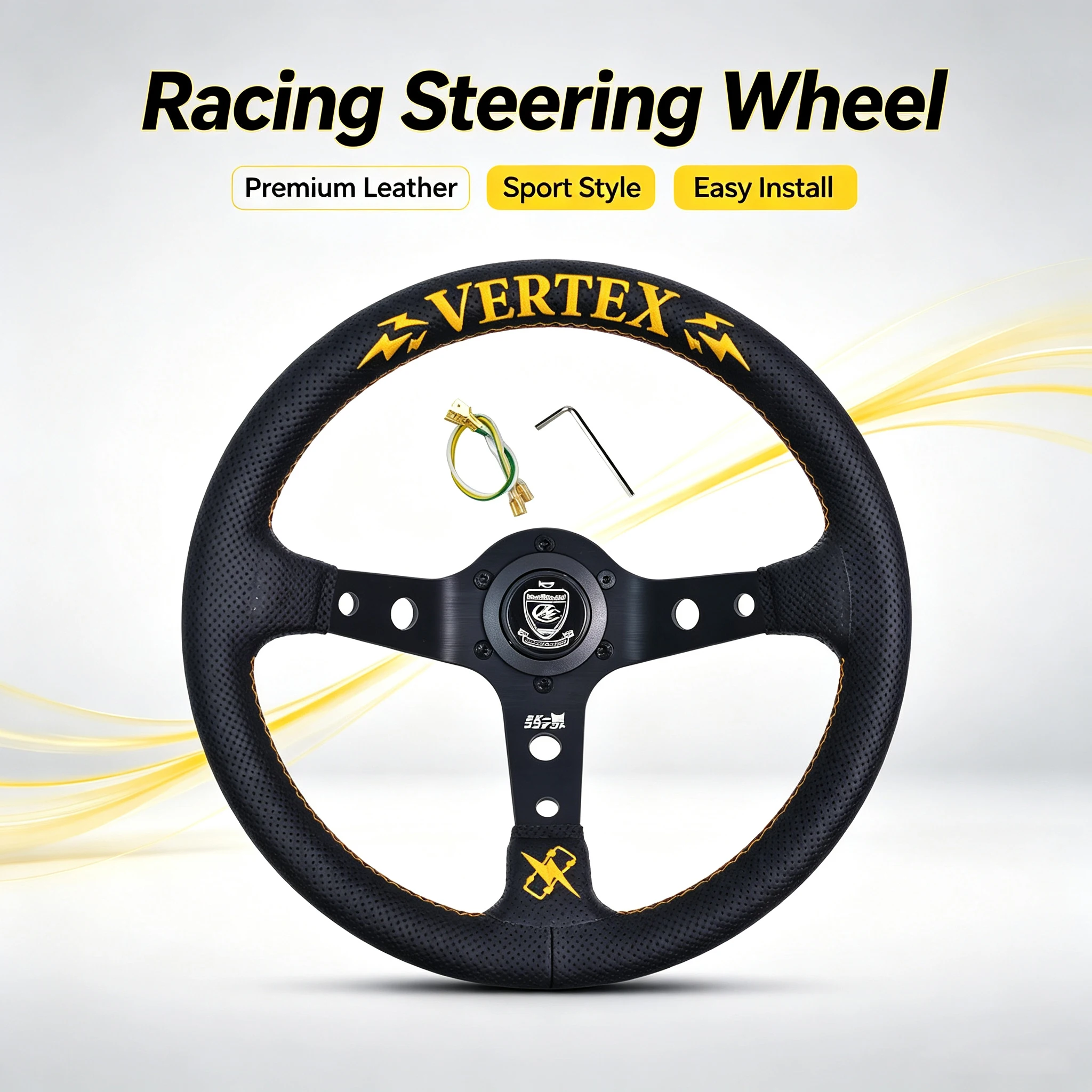 Vertex Universal Steering Wheel 13 Inch Car Modified Auto Parts Embroidery Leather Racing Flat Bracket Steering Wheel