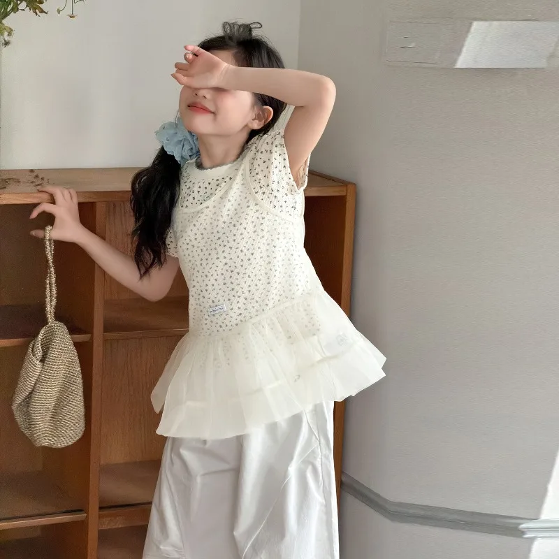 

Children Clothes Girl Summer Sweet Cute Floral Short Sleeve Top With Mesh Bow Vest And White Wide Leg Pants 2026