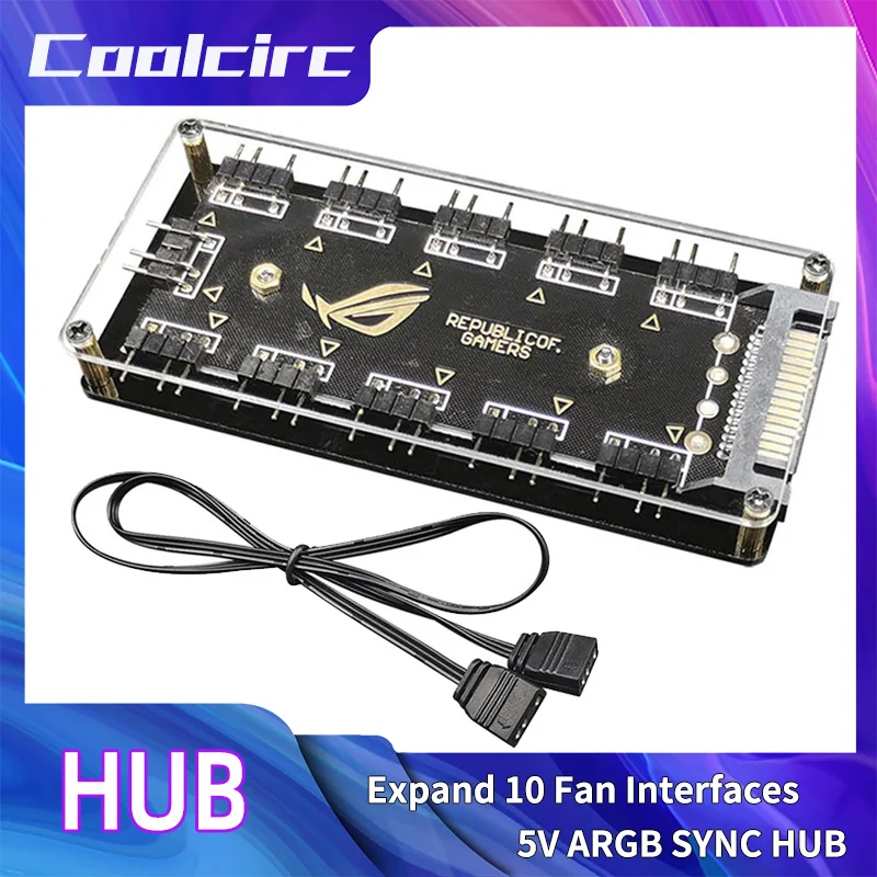 Coolcirc ARGB Connector 1 To 10 Port Splitter Hub 5V 3 Pin ARGB AURA Cable Splitter Hub LED Strip Light PC RGB Fan Cooler