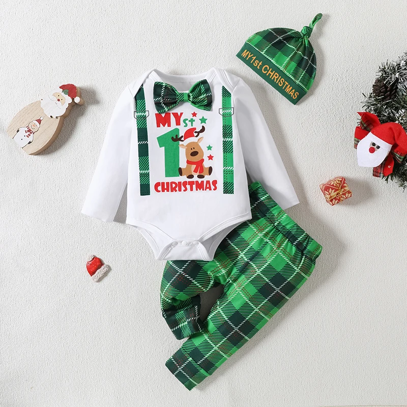 3Pcs Baby Boy Christmas Cartoon Elk Print Long Sleeve Unique Square Print Pants Hat 0-12M Autumn Cotton Outfits