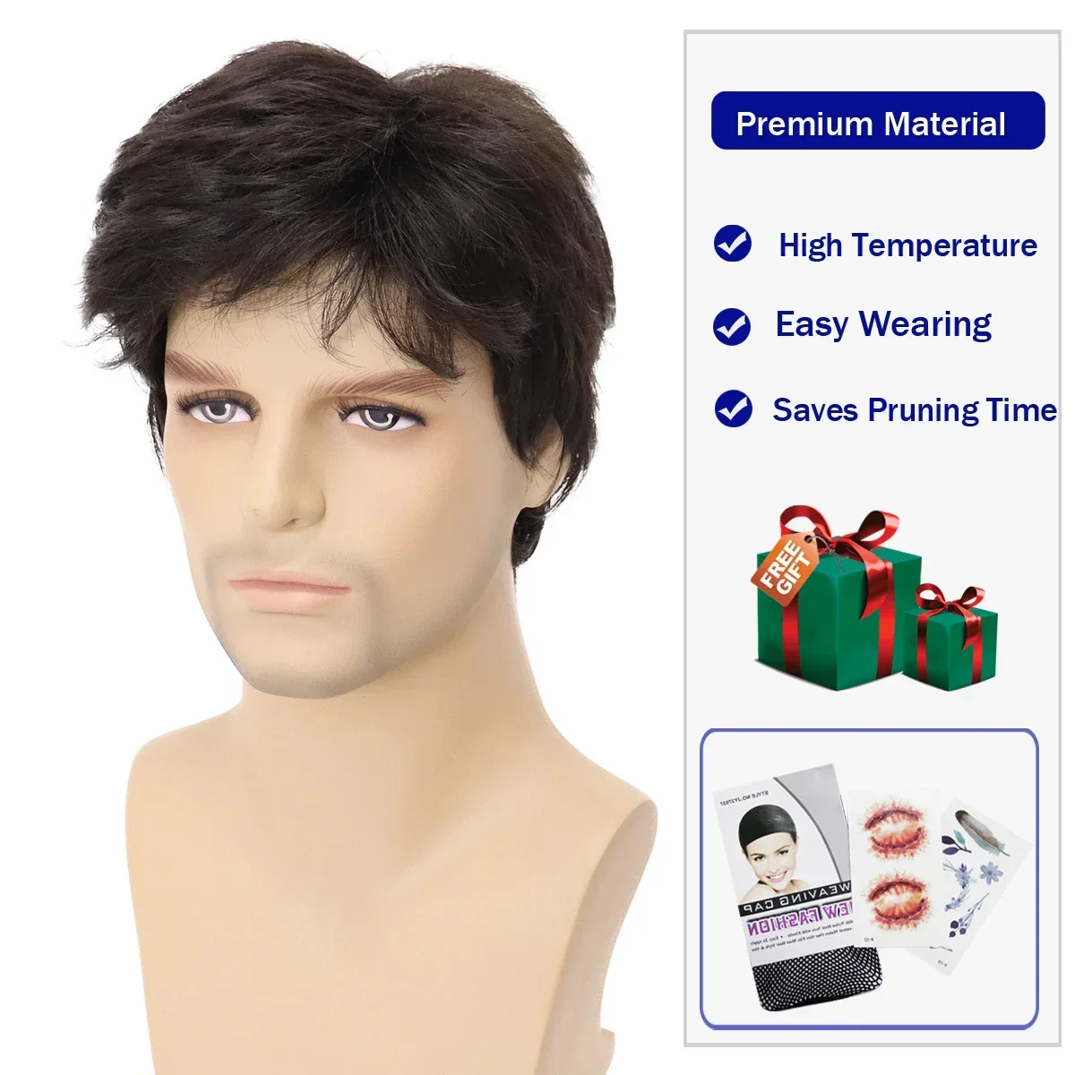 GNIMEGIL Men Wigs Short Hair Synthetic Dark Brown Color Natural Wigs with Bangs Fashion Short Haircuts Male Wig Cosplay Daily