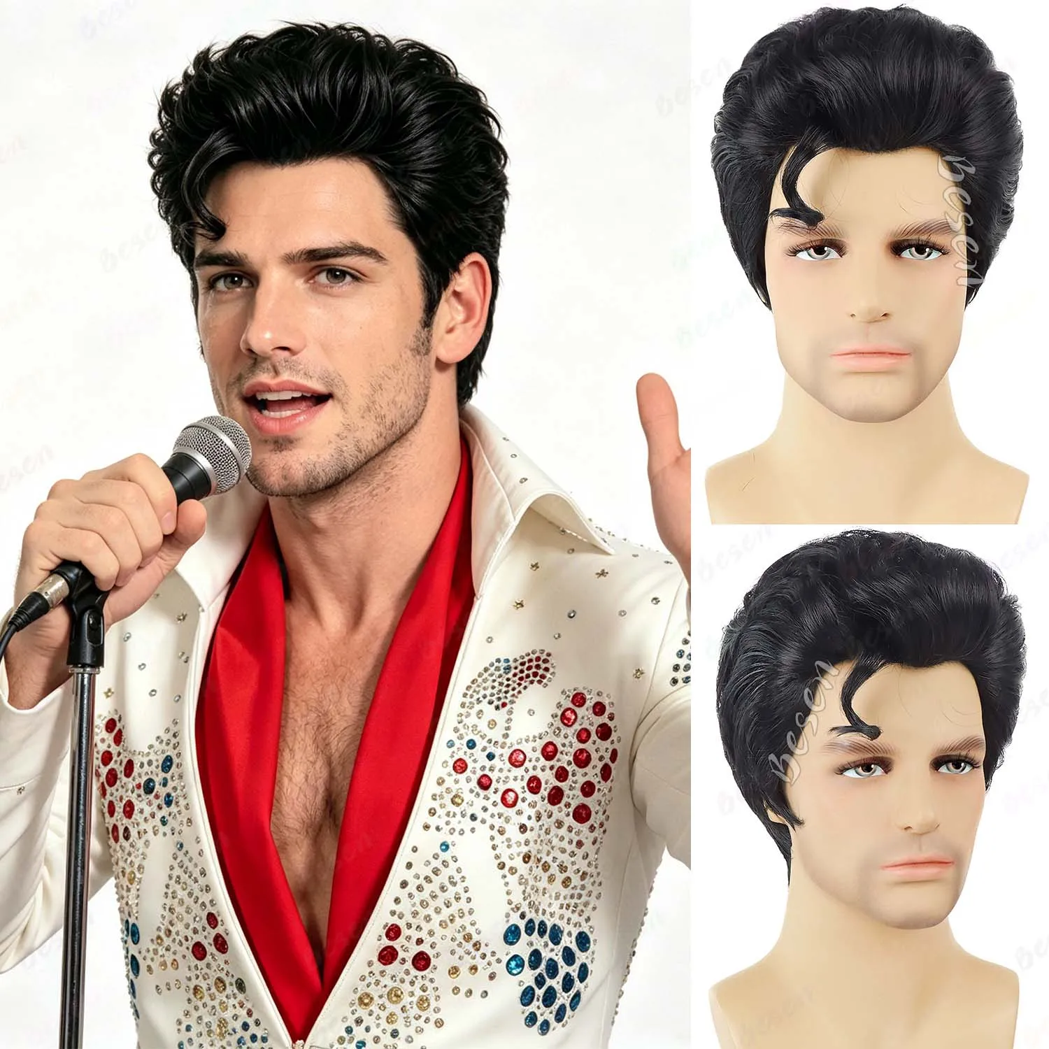 Synthetic Singer Rocker Black Short Layered Man Wig 50s 60s Disco Elvis Cosplay Halloween Party Character Wig Funny Man Wigs