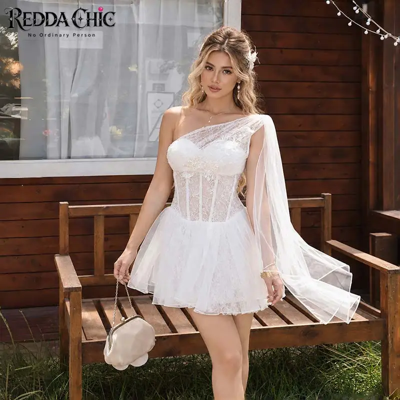 REDDACHiC Asymmetric Corset Party Dress Women Summer Boned Lace Hollow Out Slant Shoulder Mini Puffy Party Gown Retro Costume