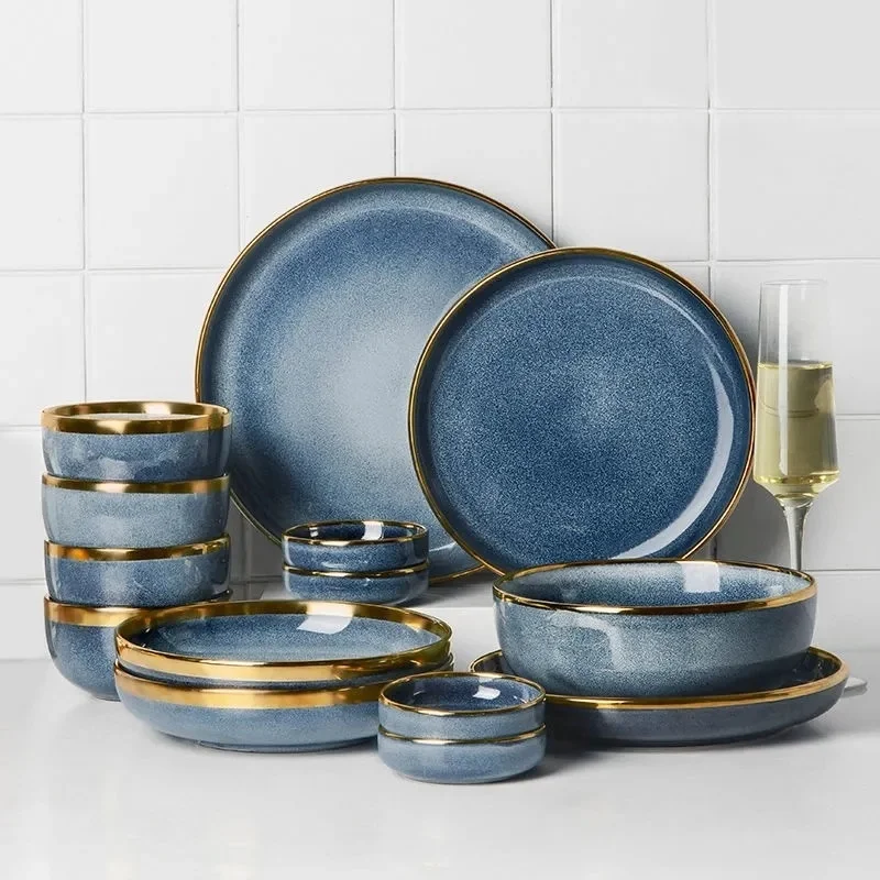 Light Luxury Ceramic Plate Set Dishes Dinner Plates Steak Dessert Plate Blue Gradient Salad Soup Bowl Plates Tableware 1pcs