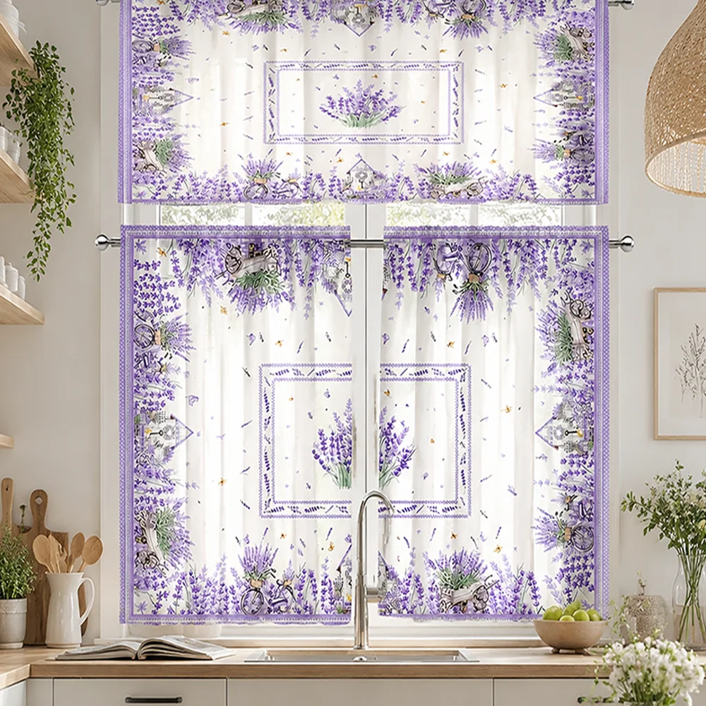 Tier Curtains Set for Kitchen, Lavender Bicycle Birdhouse Print, Countryside Style, with Valance, Kitchen Window Drapes