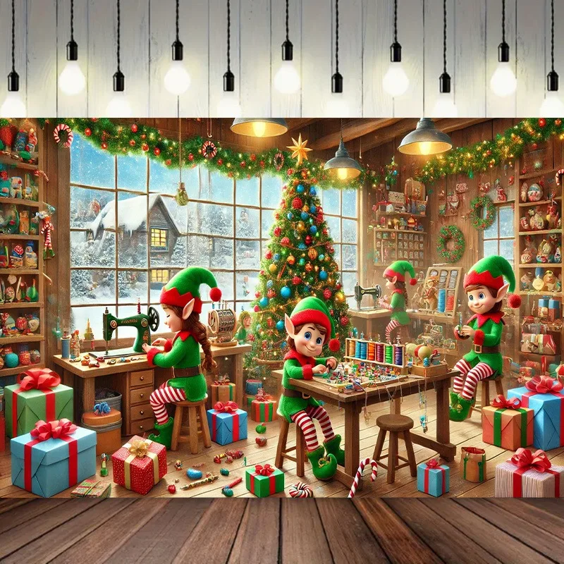 2D Flat, Winter Christmas Elf & Snowy Village Tapestry Wall Hanging - No Power/Battery-Free Fabric Backdrop for Home Decor, Phot