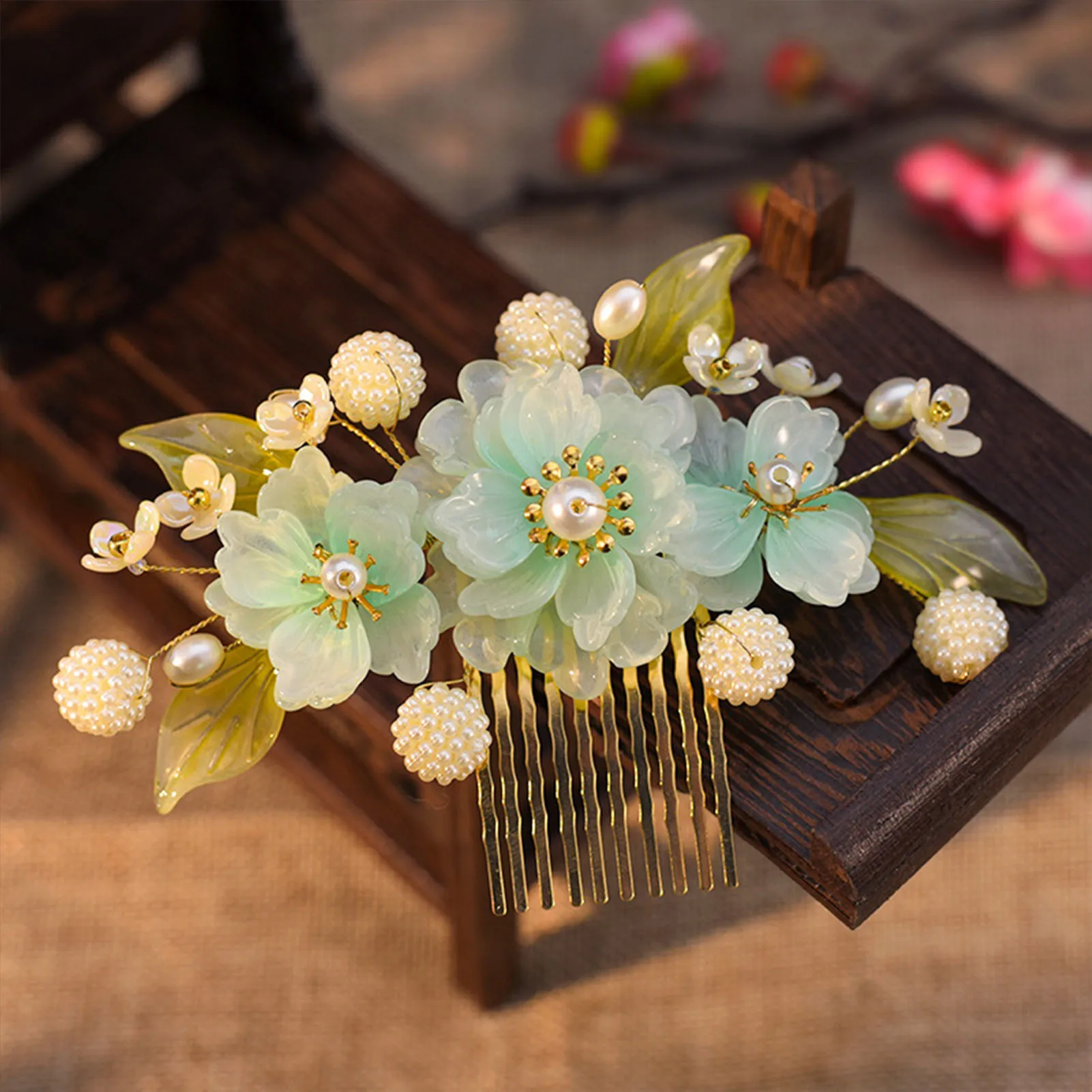 Fairy Blue Flower Hairpin Chinese Hanfu Hair Accessories Peony Pearl Side Clip Vintage Wedding Hair Comb Simple Headwear Jewelry