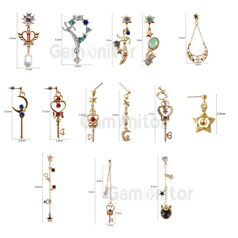 12 Styles Series Set Rhinestone Long Star Moon Tassel Earrings Luna Cat Key Wand Sailor Moon Earrings For Women Lady Girls Gifts