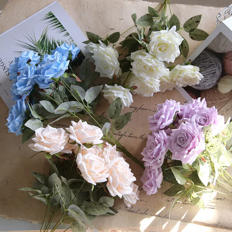 Neuer künstlicher Rosenstrauß mit 9 Köpfen für Hochzeit, Valentinstag, Geschenkdekoration, künstliche Seidenblume für Zuhause, Wohnzimmer, Blumenmuster – Detail 7