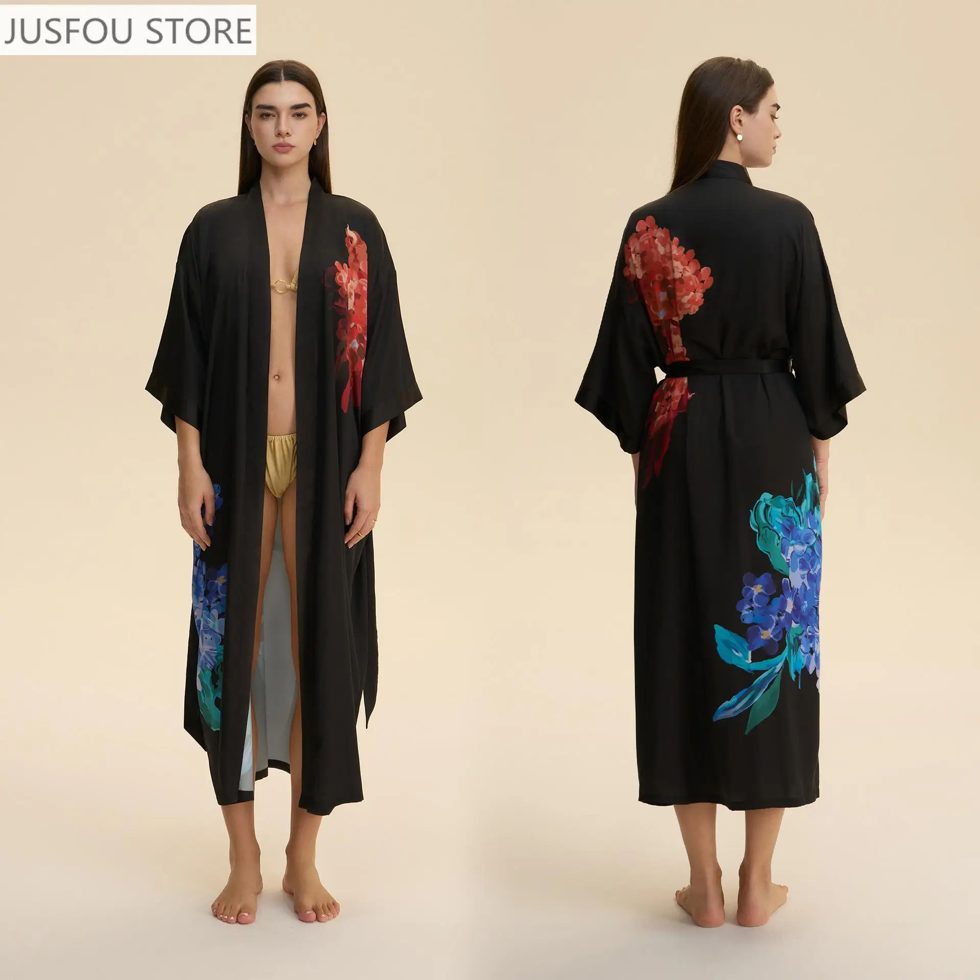 

Women's Satin Large Size Pajamas Spring Autumn Thin Long Sleeve Long Robe Simulated Silk Elegant and Comfortable Home Clothes