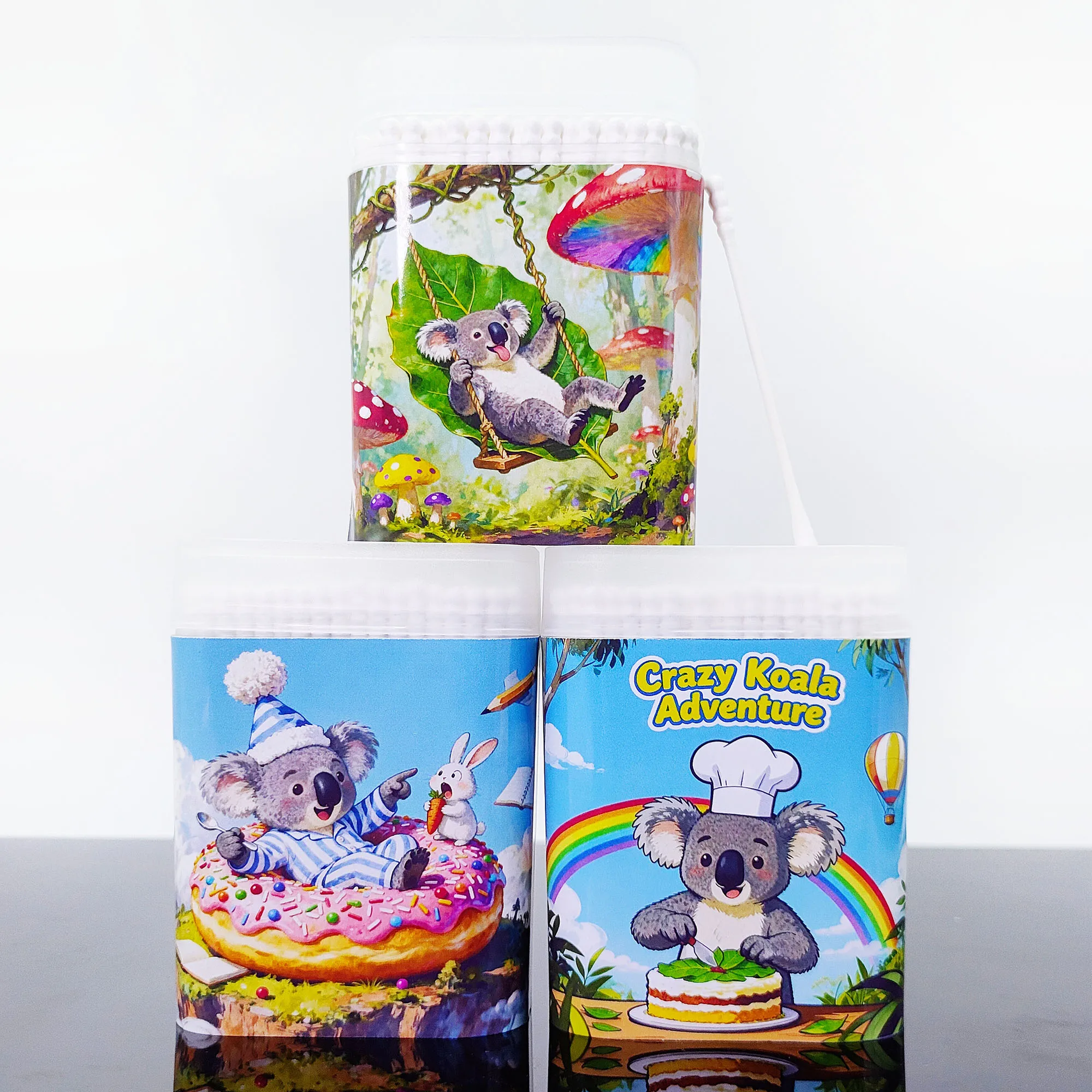 200개/600개 코알라 테마 면봉 다기능 양면 면봉 나사형 원형 면봉.