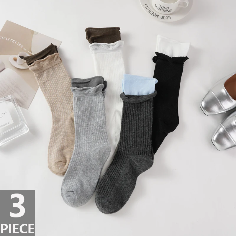 3 Pairs Women Fake Two Pieces Cotton Socks Solid Color Mid Length Socks New Fashoin Breathable Simple Autumn Socks