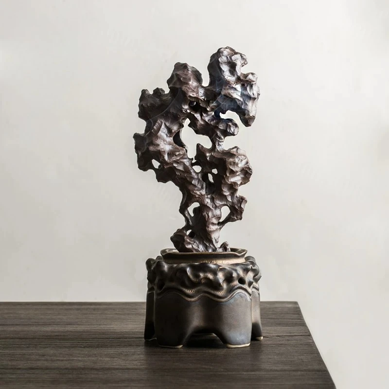 Creative handmade Taihu stone rockery censer, Chinese tower ceramic decor for study and living space