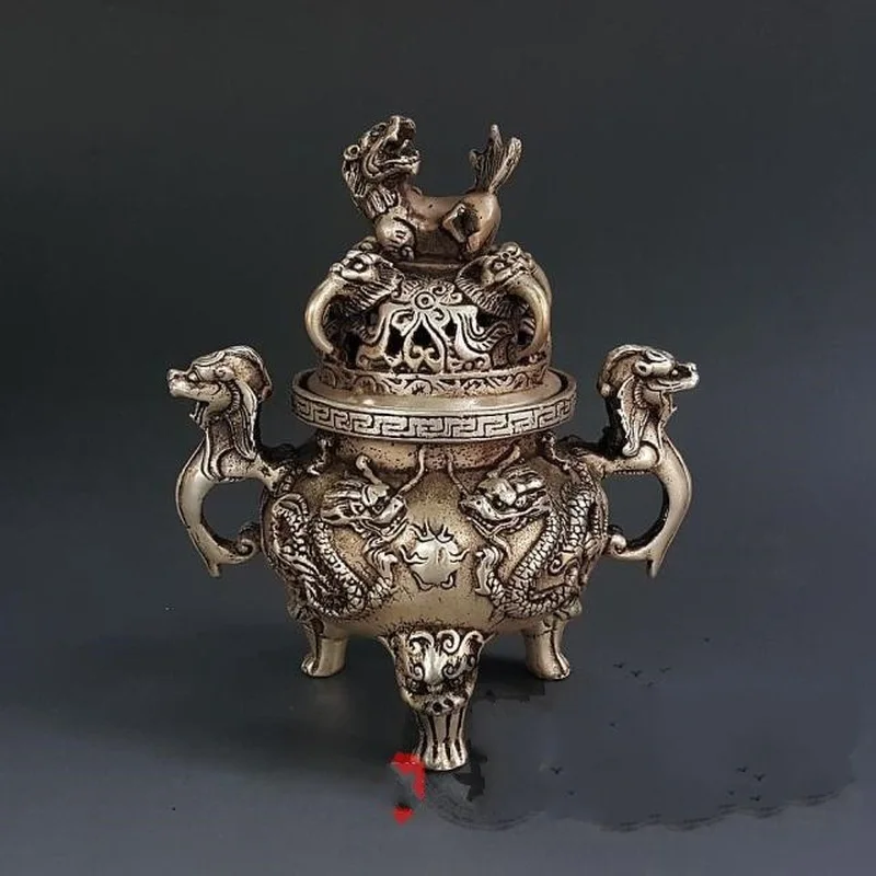 , white copper, brass incense burner silver plating, featuring a Pixiu design and a double dragon playing with a