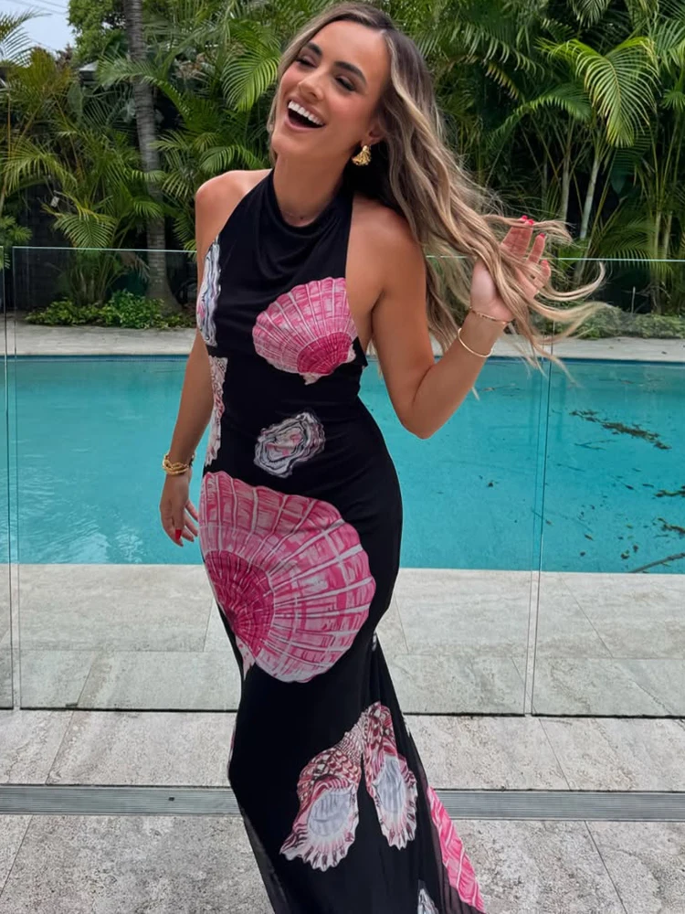 

JULISSA MO Print Shell Sexy Backless Halter Women Maxi Dress Sleeveless High Waist Dress Summer Slim Elegant Vacation Beachwear