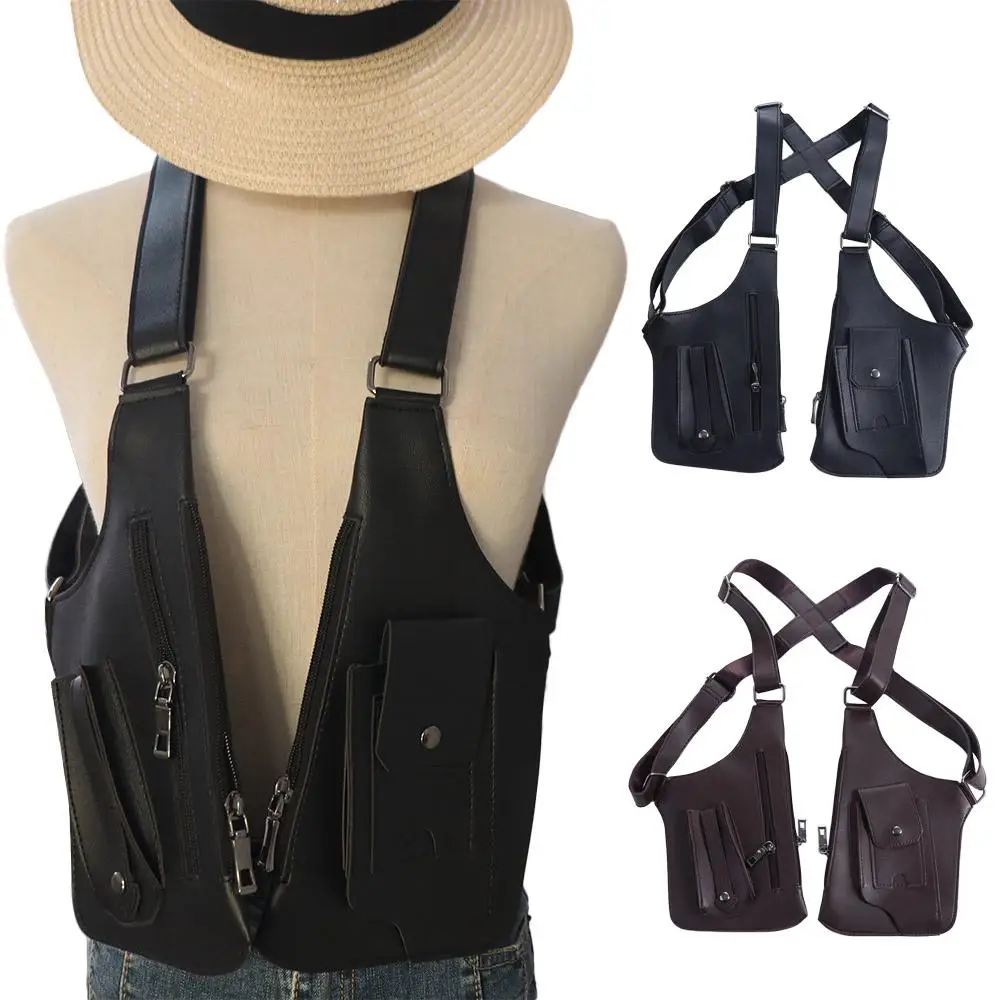 가죽 스트랩 겨드랑이 스트랩 지갑 포켓 럭셔리 더블 숨겨진 포켓 휴대 전화 지갑 조끼 가방 도난 방지