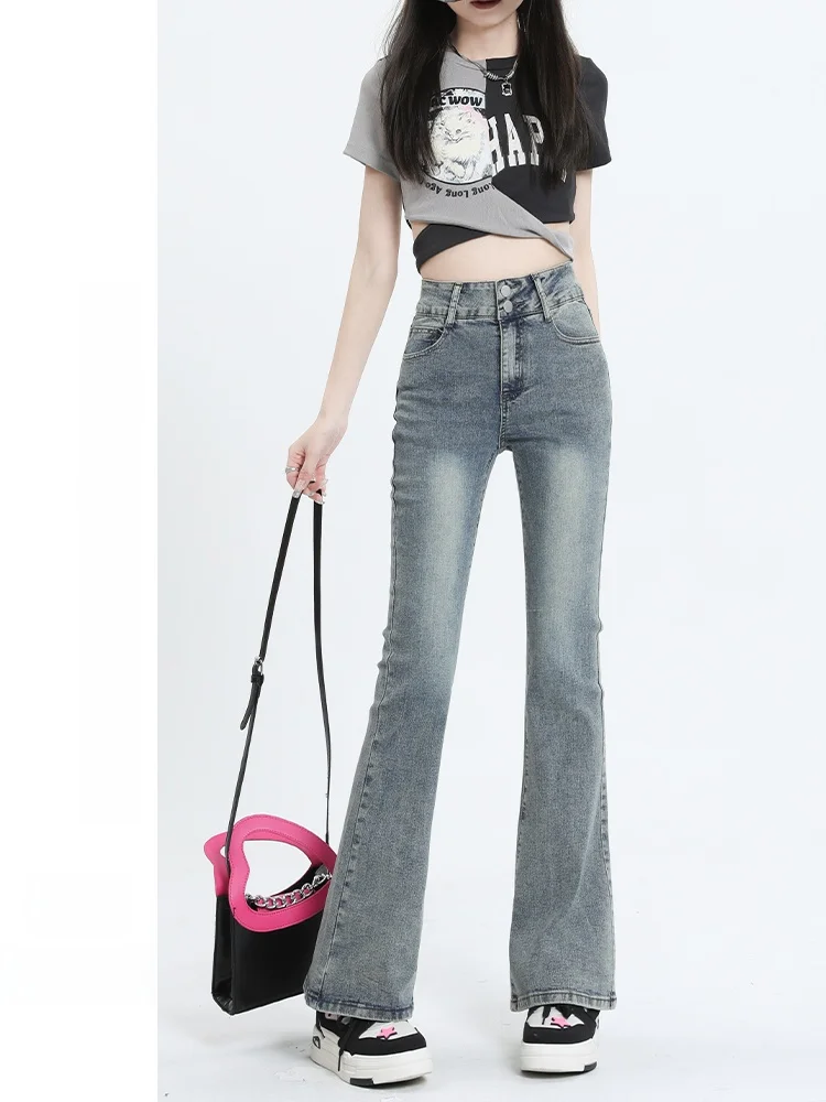 

Женские джинсы-клеш с высокой талией, винтажные, утягивающие, больших размеров, осенне-зимние, длинные брюки из хлопка с эластаном