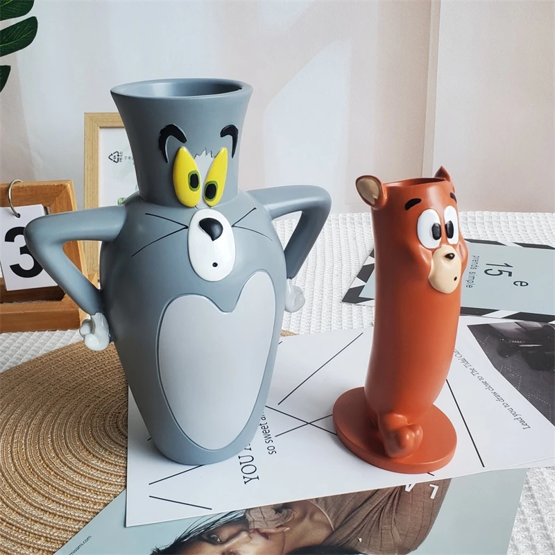 Jarrón de resina con forma de gato y ratón, botella de flores, arreglo floral creativo, portalápices, decoración de escritorio, figura ornamental de dibujos animados
