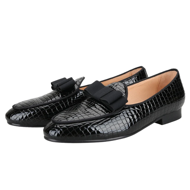 Piergita Black Croc-Effect Embossed Patent Leather Belgian Loafers With Silk Bows Handcrafted Slip-On Men's Smoking Slippers