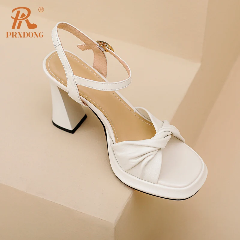 PRXDONG New Brand Genuine Leather High Heels Summer Shoes Woman Sandals Ankle Strap Black Beige Dress Party Wedding Lady Pumps