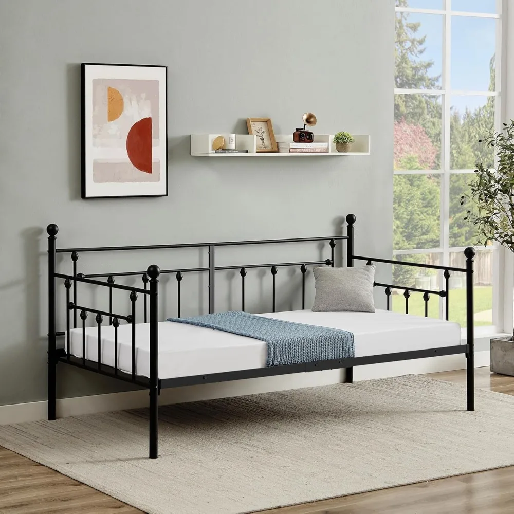 سرير نهاري معدني مزدوج الحجم مع لوح رأسي، وسرير أريكة بمنصة لغرفة المعيشة أو غرفة الضيوف، ودعم شرائح فولاذية شديدة التحمل #4