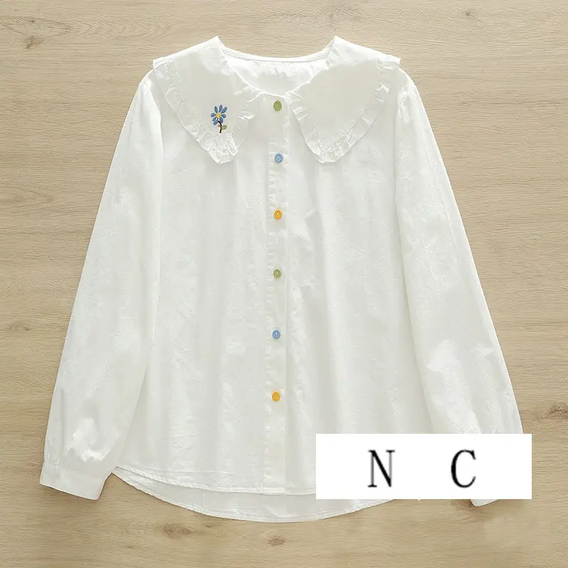 

Pastoral Embroidered Flowers Colorful Button Doll Collar Cotton Shoulder White Shirt Women's Long-sleeved Base Shirt Student