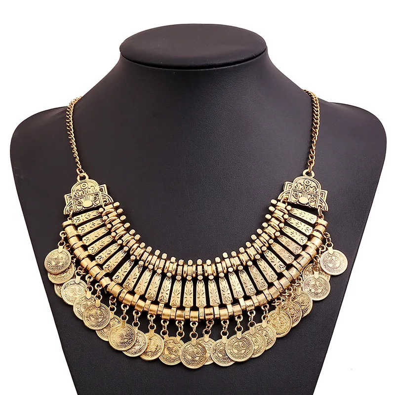 Women Indian Jewelry Retro Gold Color Gypsy Necklace Choker Coin Tassel Statement Necklace Afghan Turkish