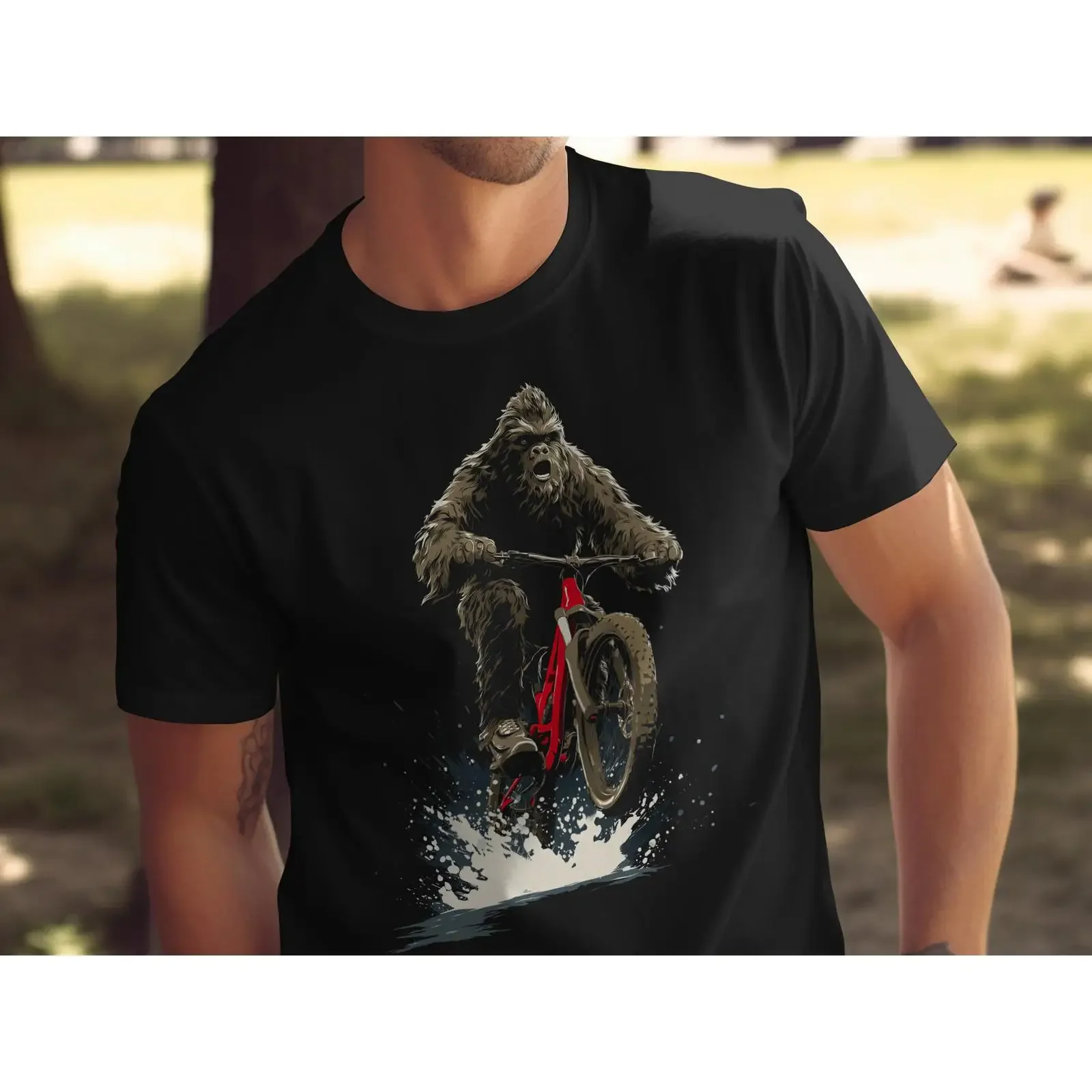 Bigfoot Mountain Biker T Shirt Funny Sasquatch Riding MTB Mud Splash Adventure Cycling Cryptid Outdoor  vintage Washed