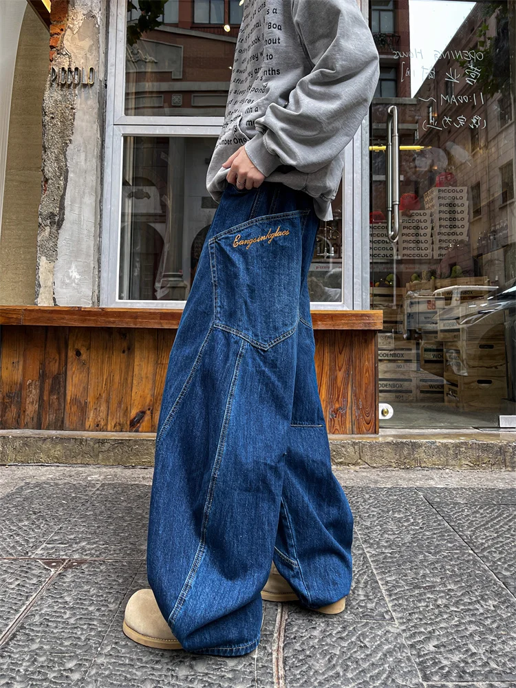 

Мужские джинсы с вышивкой в американском стиле, модные, функциональные, в стиле ретро, с большими карманами, рабочие брюки, широкие штанины, длина в пол