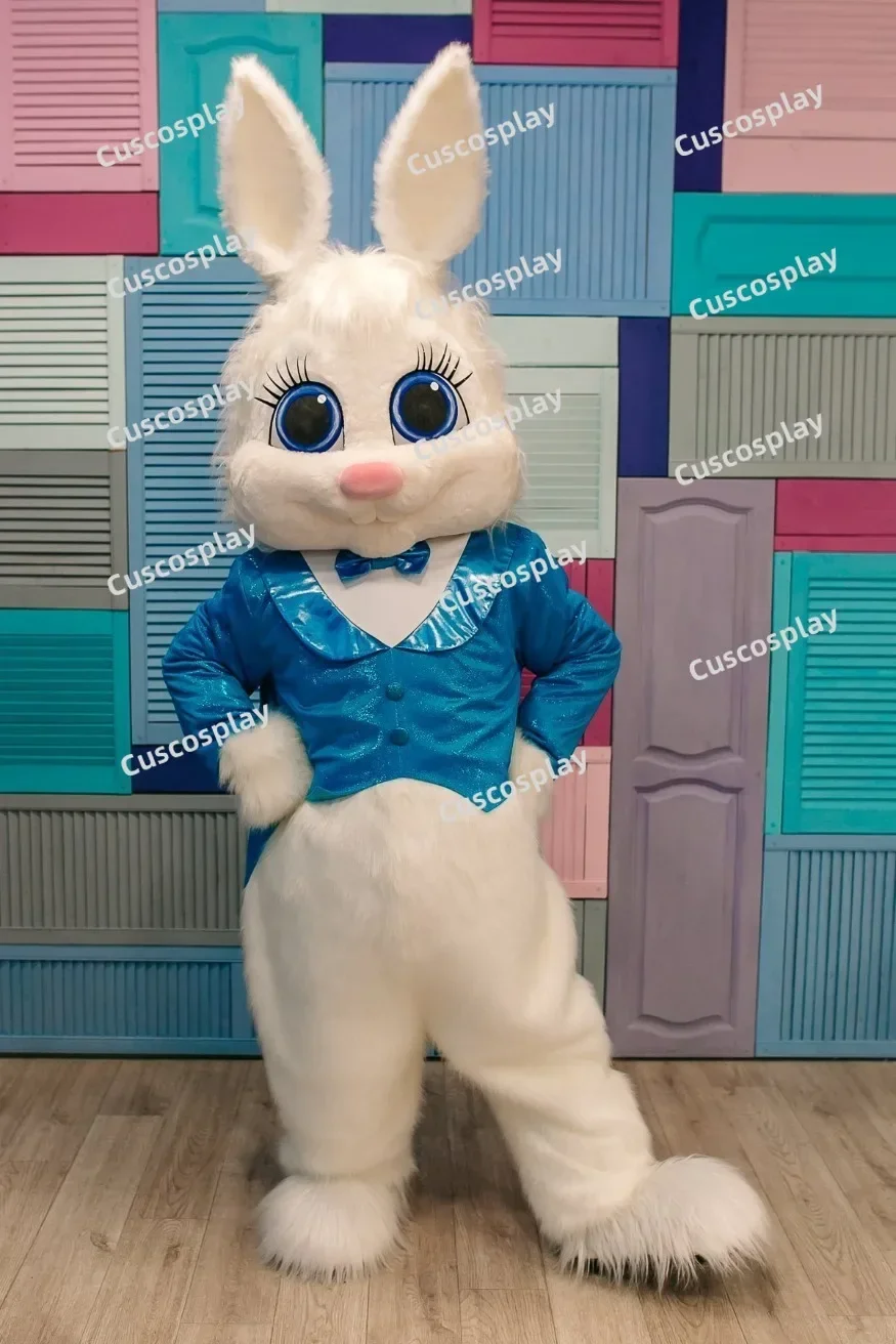 

ChristmasCute White Hare Rabbit Blue Suit Easter Bunny Mascotte Fancy Cartoon Mascot Costume Plush Fancy Dress Mascot Costume
