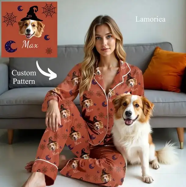 

Women 2 Piece Halloween Pajama Set Pumpkin Ghost Long Sleeve Button-up Tops Elastic Waist Pants