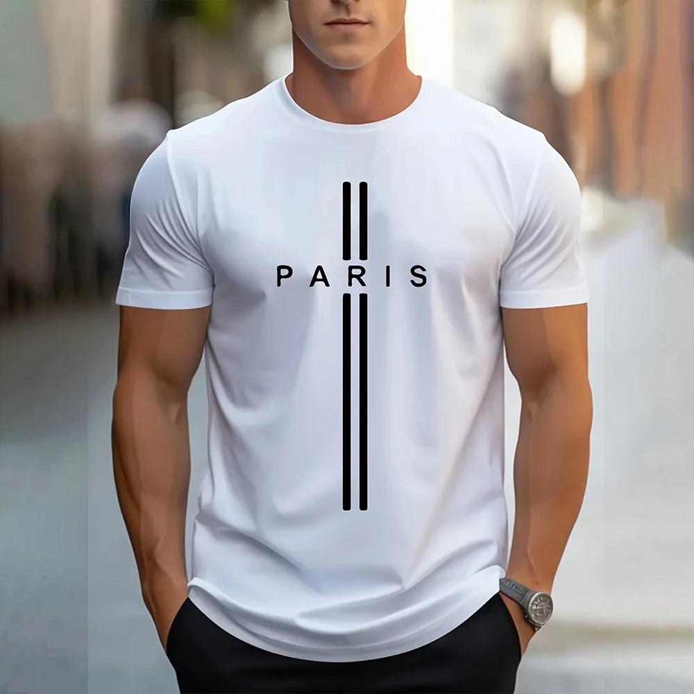 Fashion Men\'s Paris Letter Print T-Shirt Casual Solid Color Short Sleeve T-Shirt Clothing Summer Plus Size Loose O-Neck T-Shirts