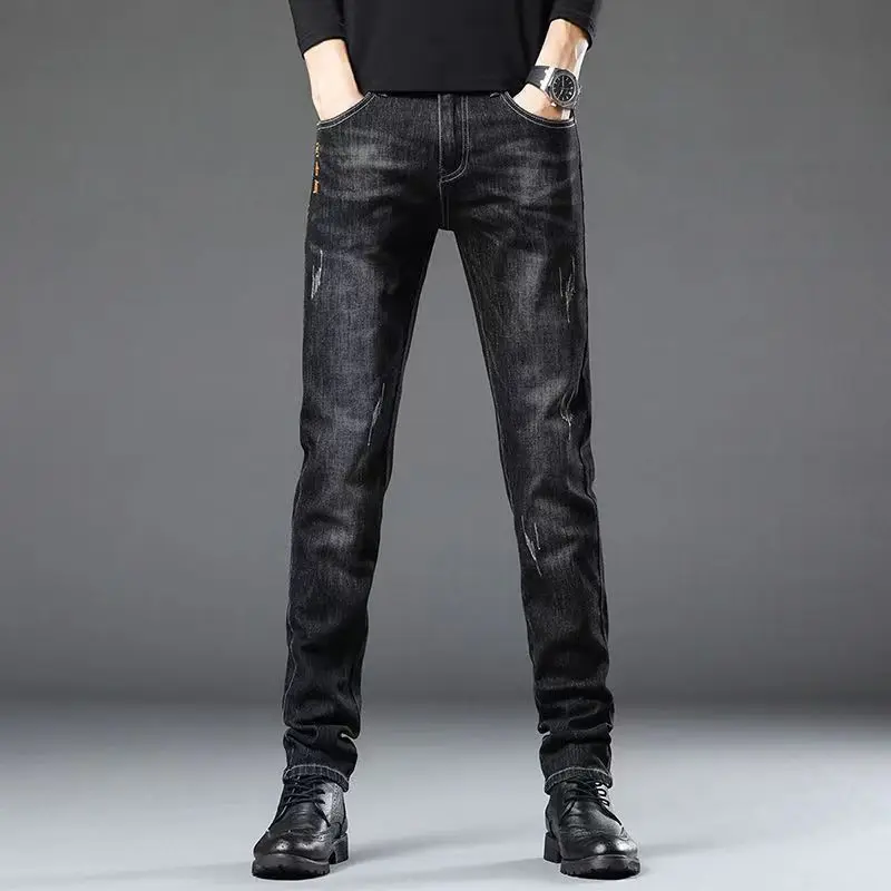 Men's Slim Fit Elastic Wear-resistant Embroidered Small Leg Jeans Casual Straight Denim Pants